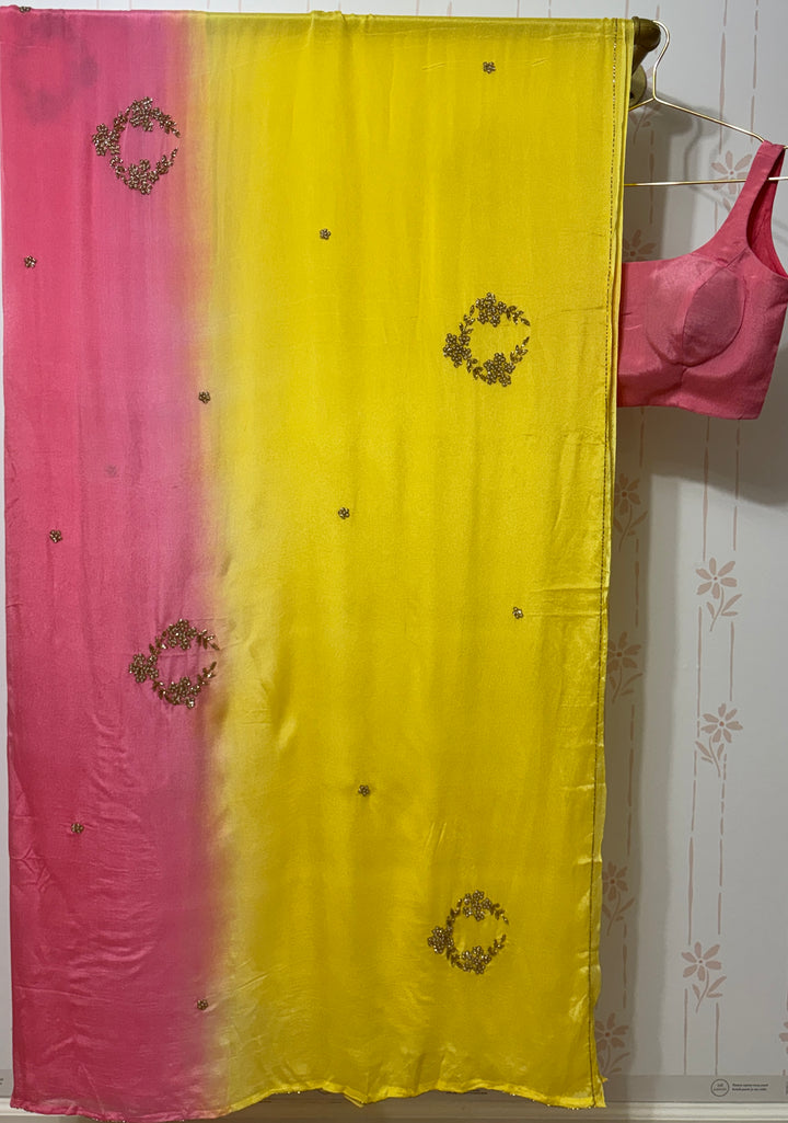 Ombre Pink and yellow chiffon saree and blouse set