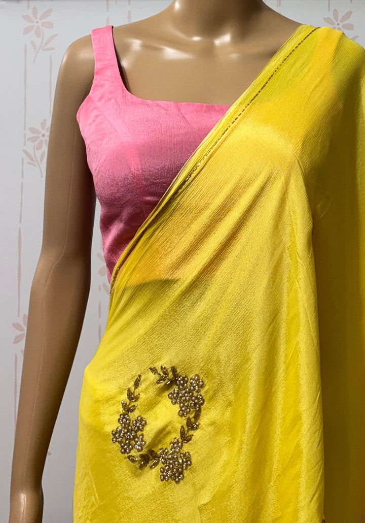 Ombre Pink and yellow chiffon saree and blouse set