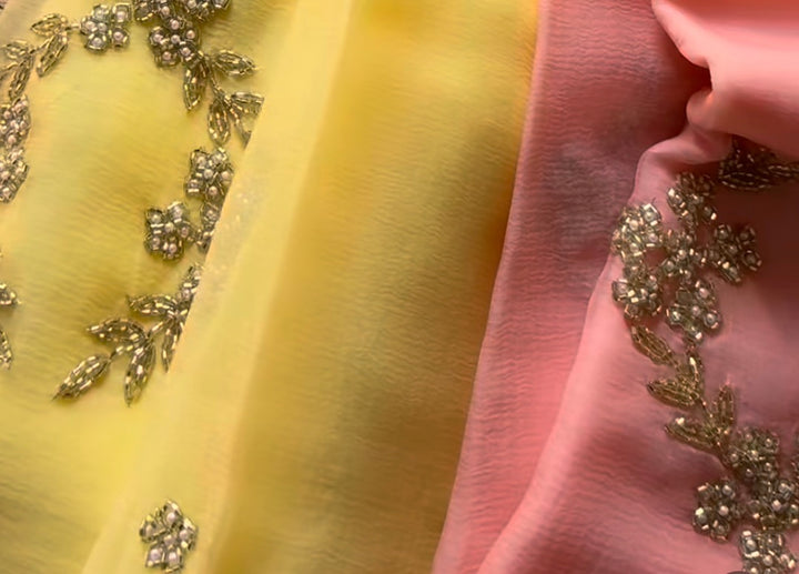 Ombre Pink and yellow chiffon saree and blouse set