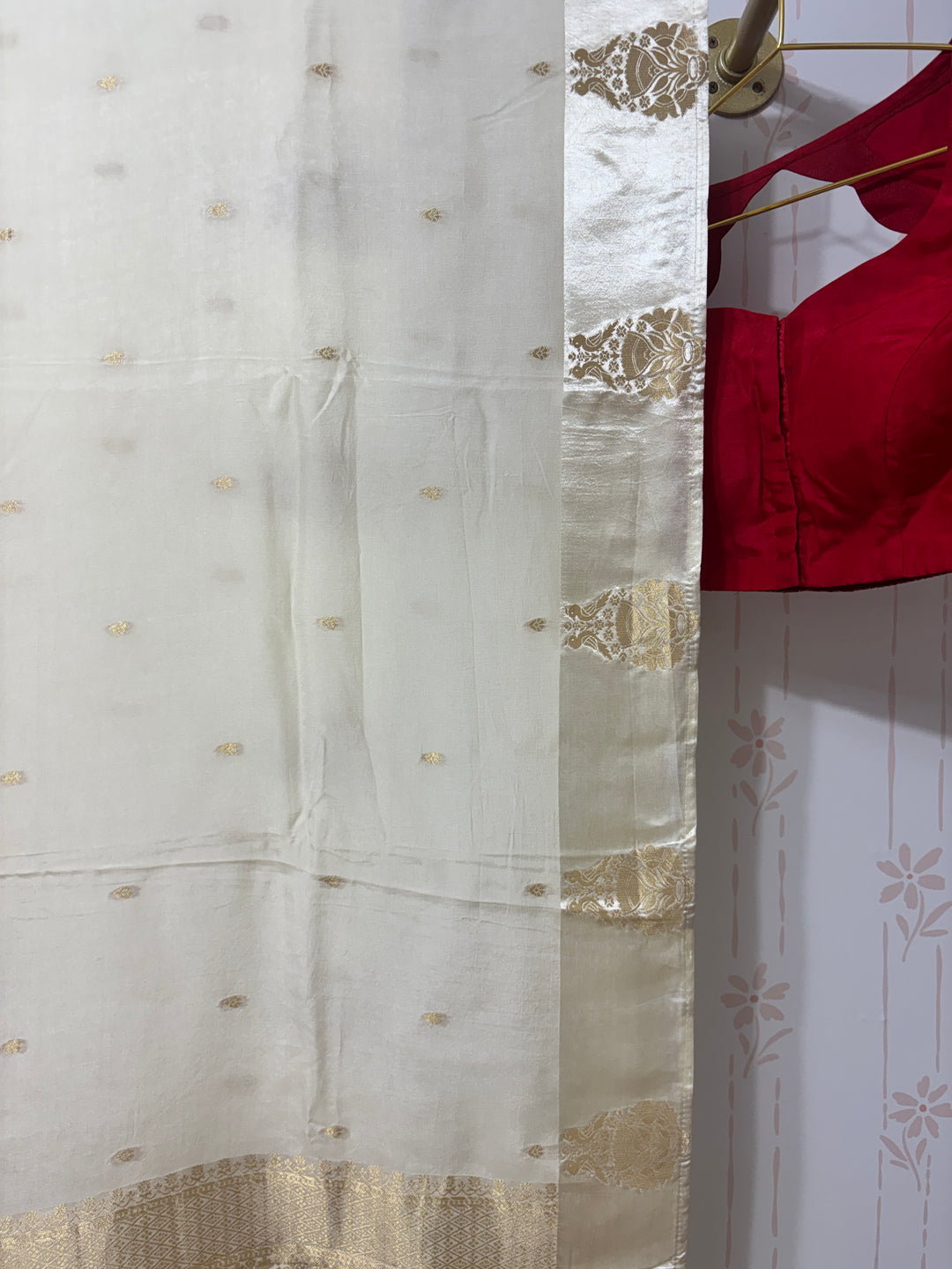 Off white Muga silk saree and blouse set