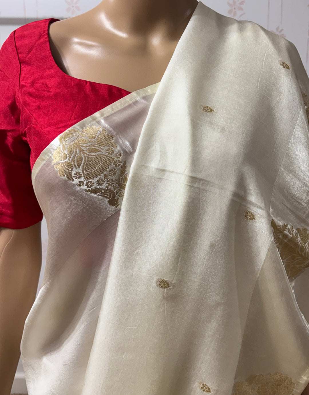 Off white Muga silk saree and blouse set