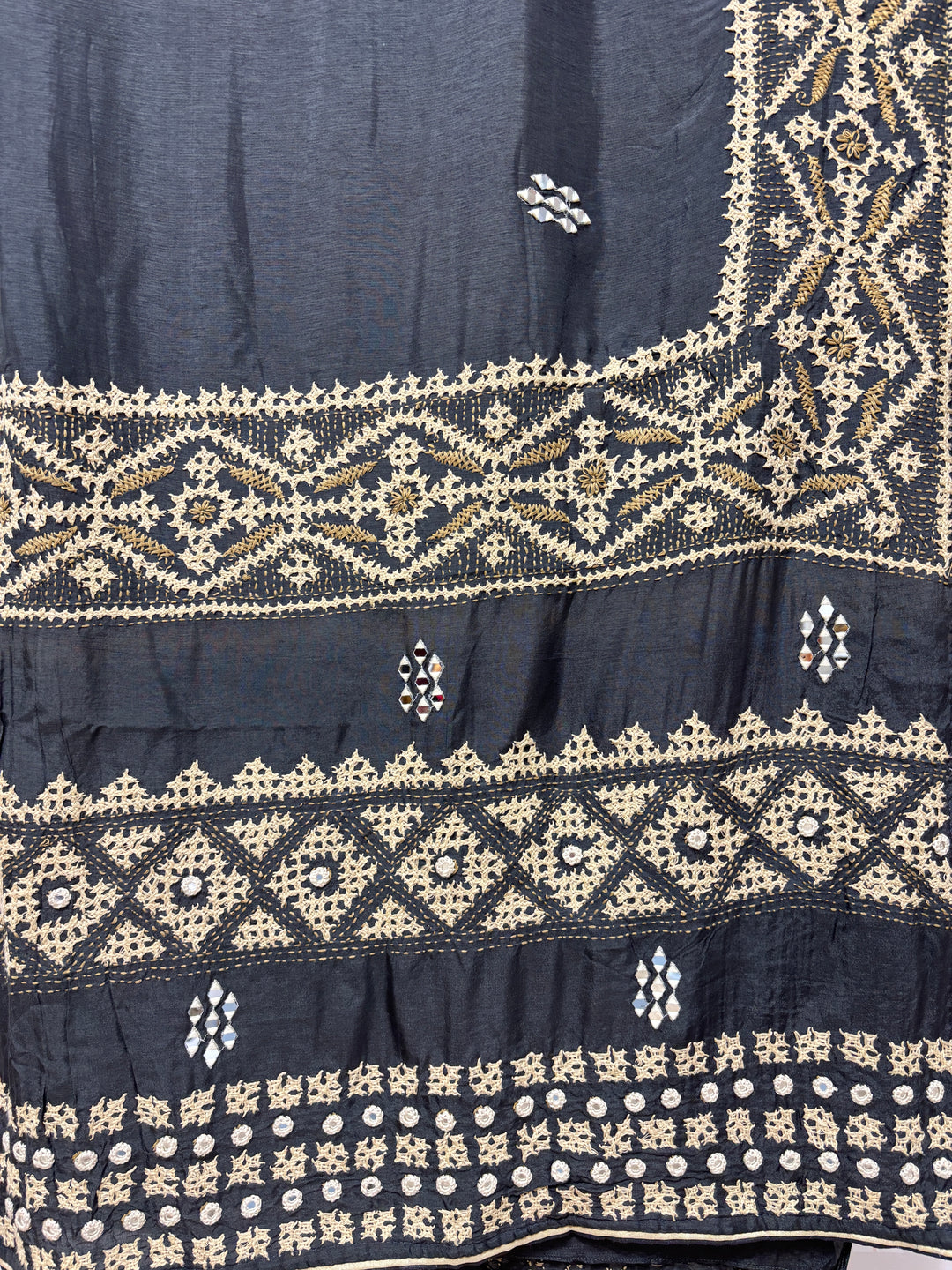 Elephant gray Kutch embroidered mirror work saree and blouse set