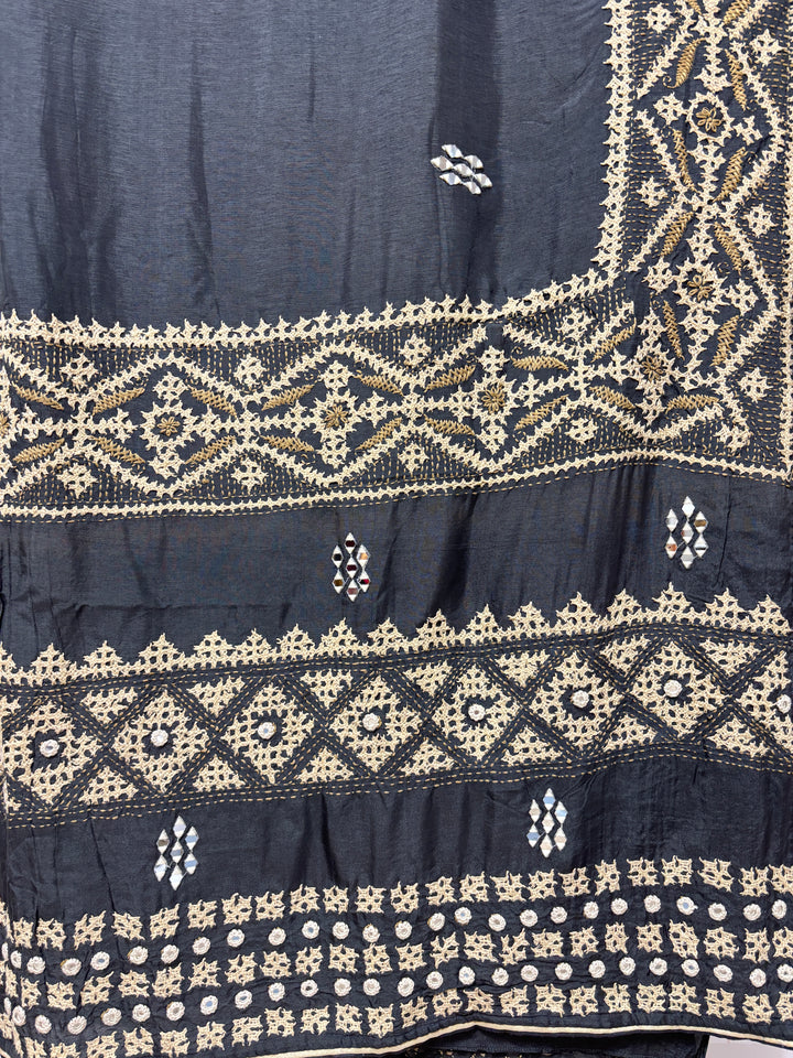 Elephant gray Kutch embroidered mirror work saree and blouse set