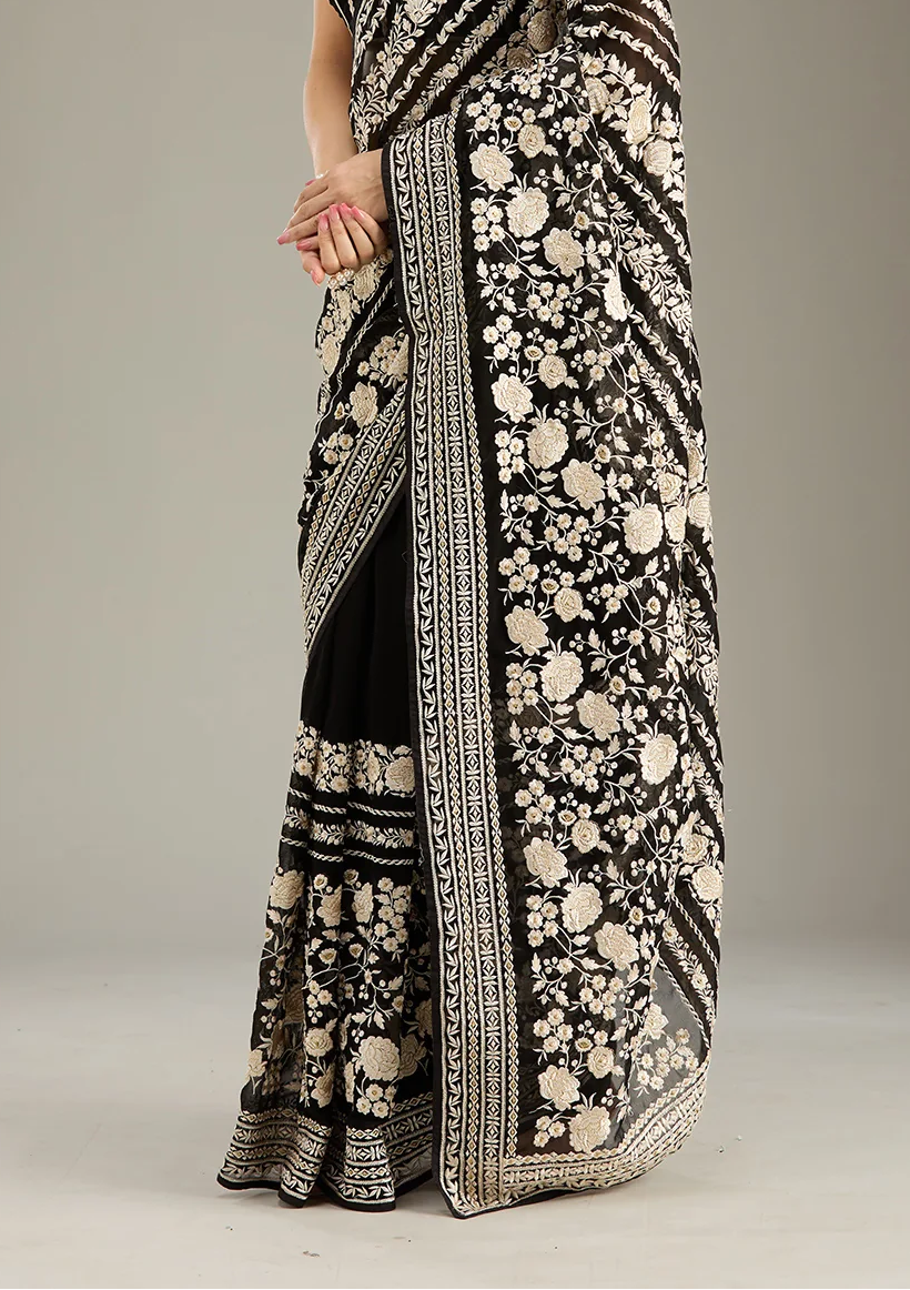 Black Parsi embroidered georgette saree and blouse set