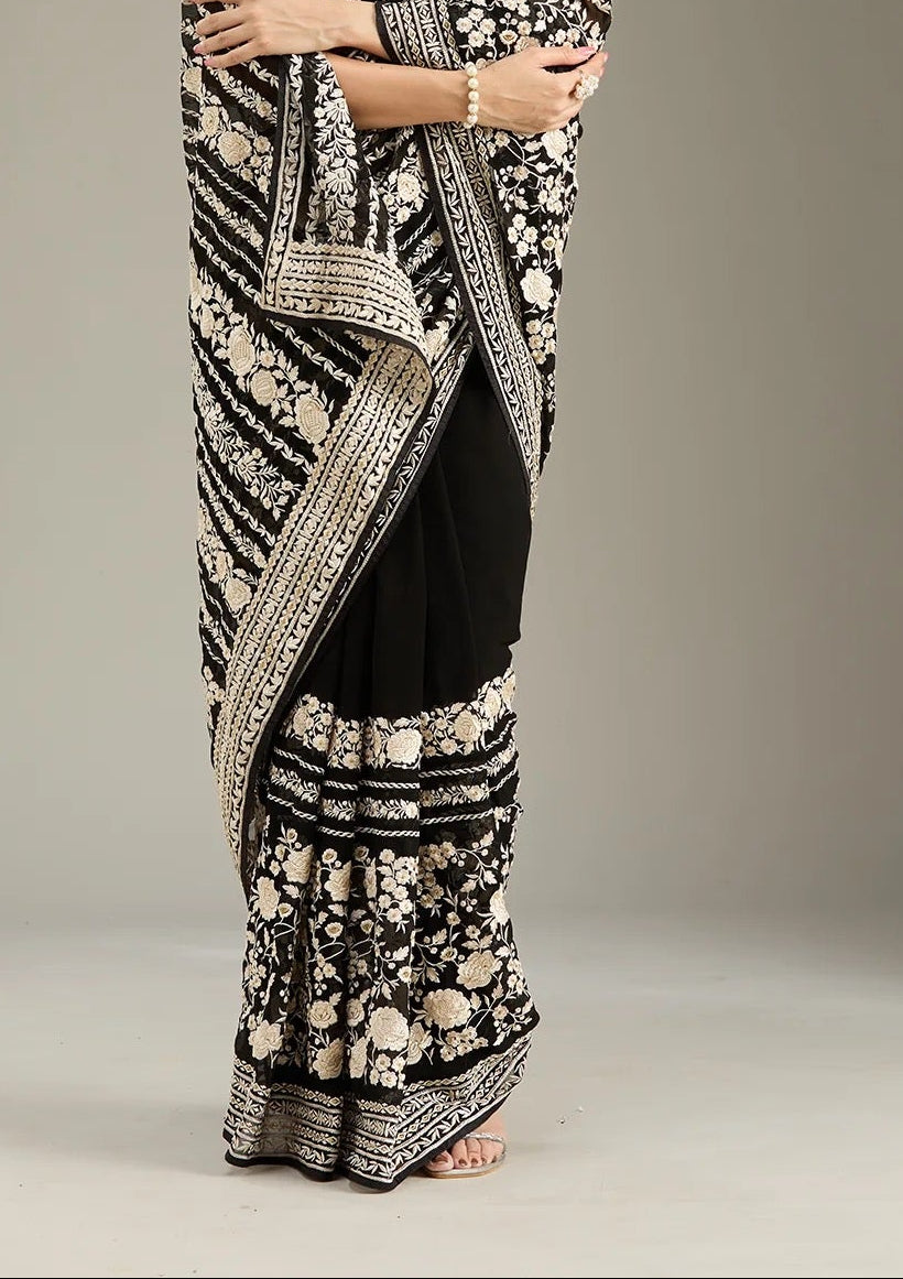 Black Parsi embroidered georgette saree and blouse set