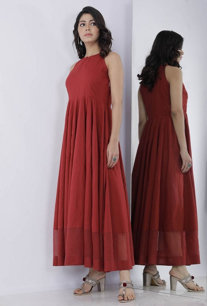 Gerua Maroon Cotton Halter neck flared dress with Kota border