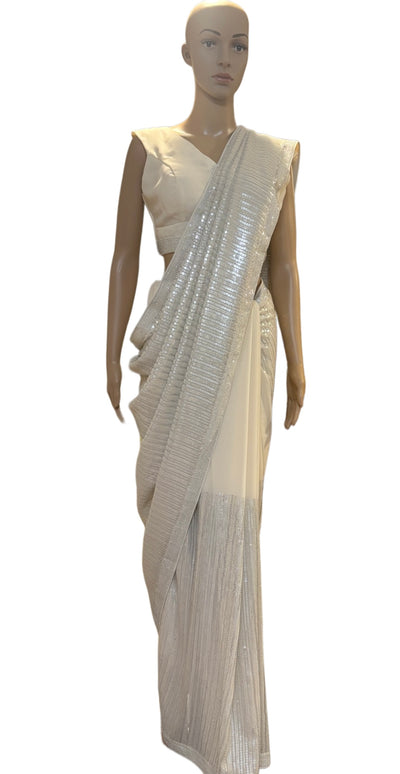 off-white sequins saree and blouse set