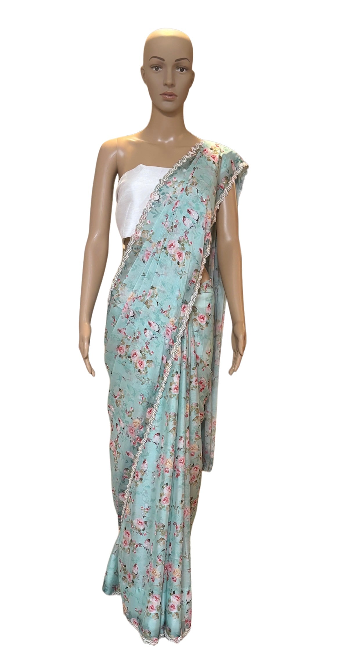 Blue floral semi crepe saree and blouse set