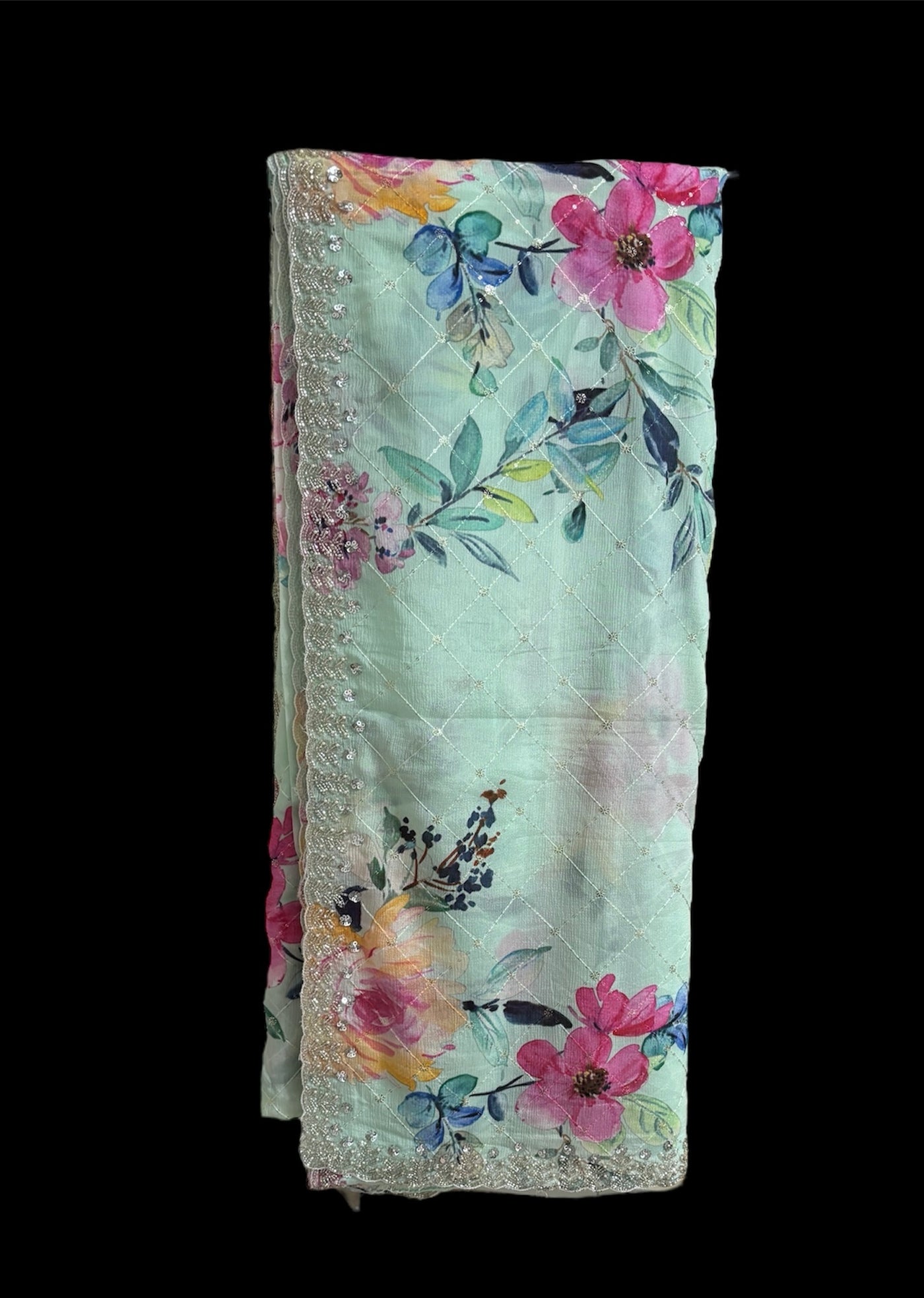 Floral Printed  embroidered mint green crepe saree