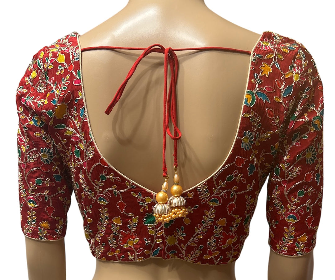 Red silk embroidered padded blouse