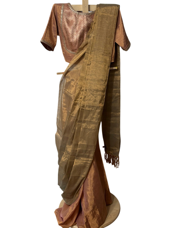 Pink/Gold Chanderi tissue Saree and Blouse Set