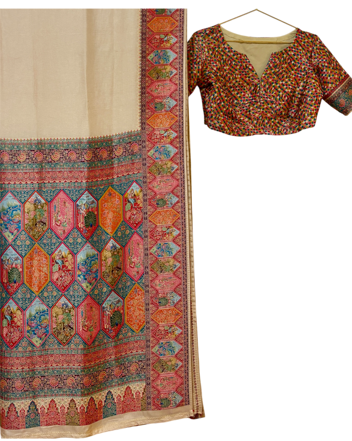 Cream/Multicolor Pashmina Saree and Blouse Set