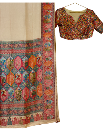 Cream/Multicolor Pashmina Saree and Blouse Set