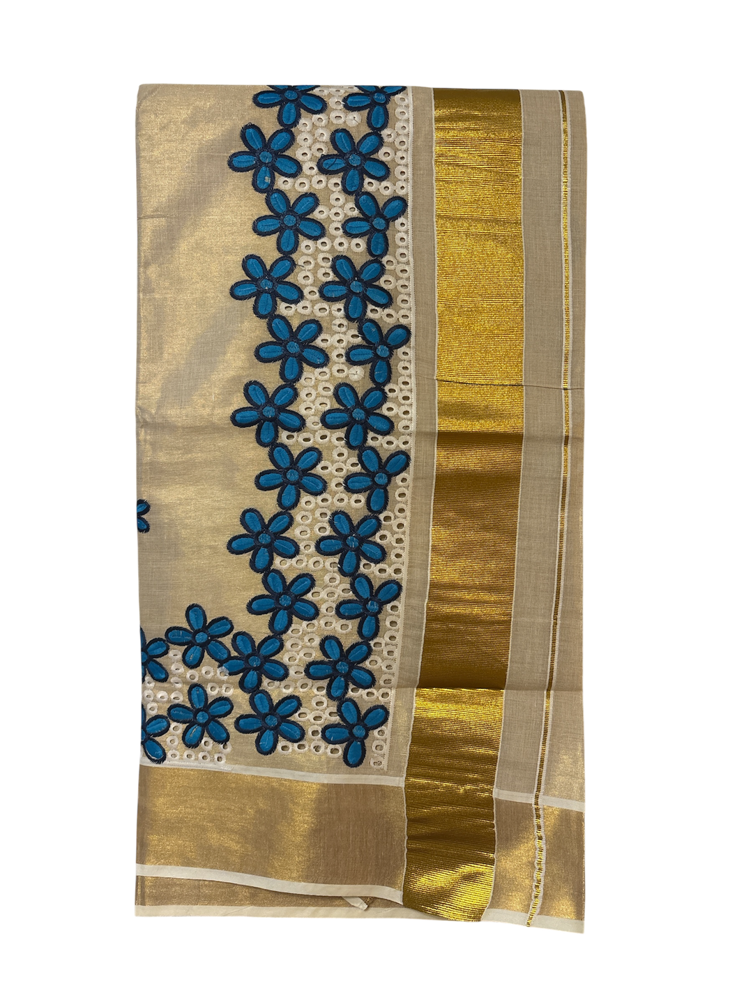 Kerala gold tissue blue hakoba embroidery saree