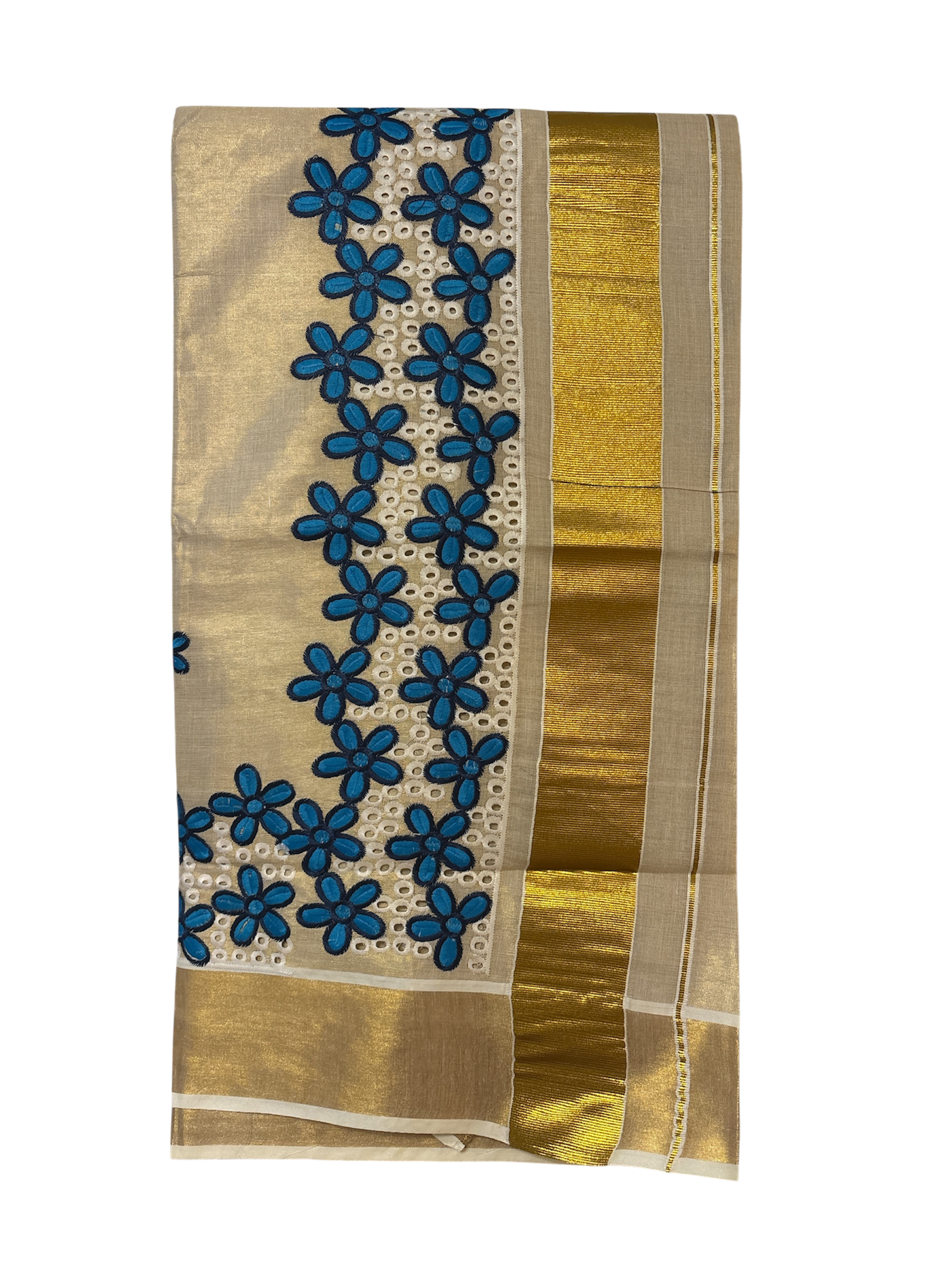 Kerala gold tissue blue hakoba embroidery saree