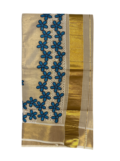 Kerala gold tissue blue hakoba embroidery saree