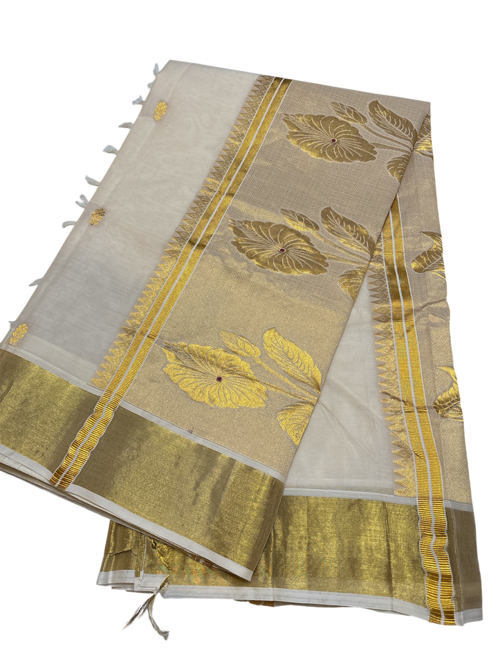 Kerala cotton saree with zari woven flowers and blouse set