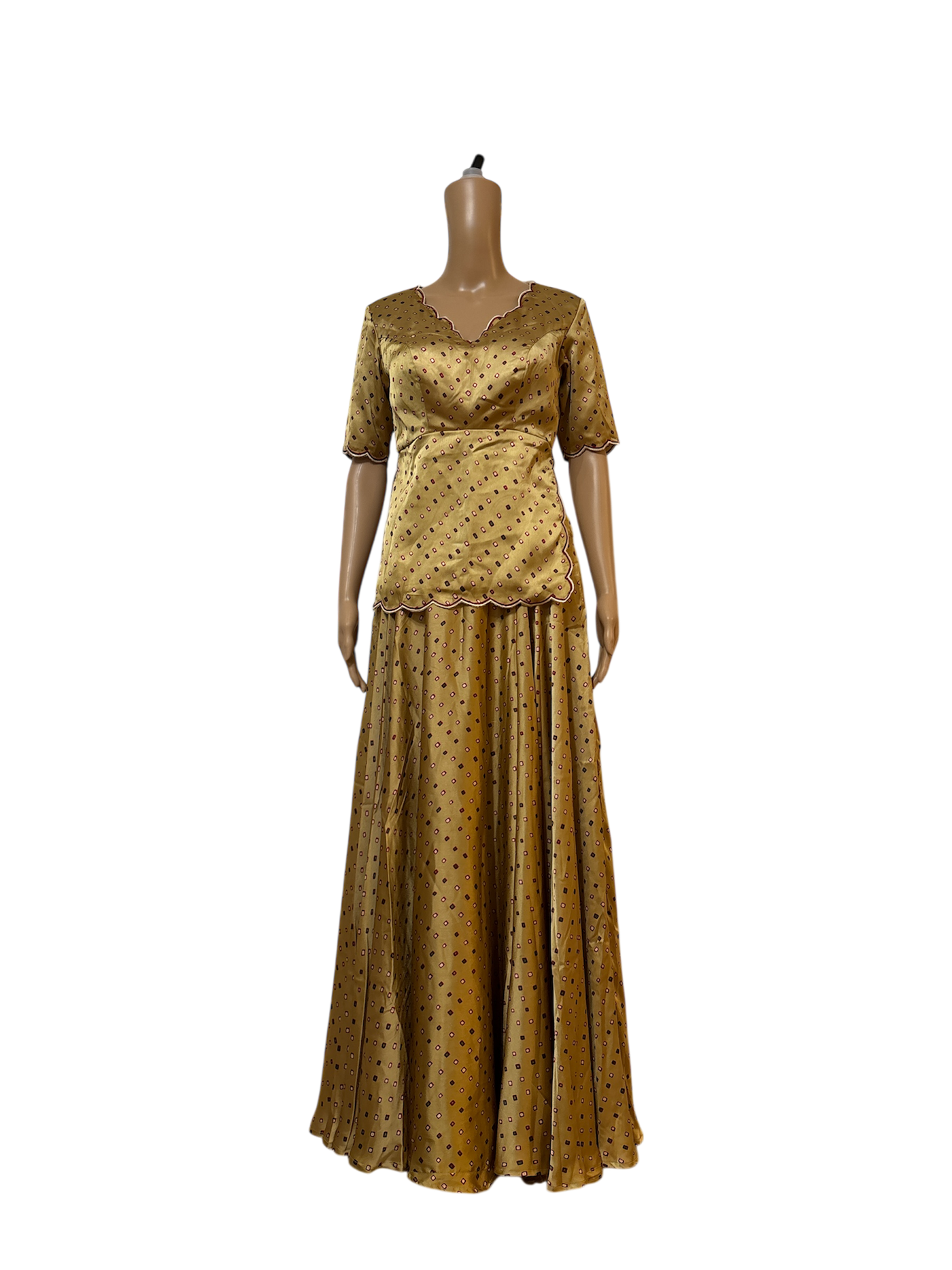 Beige Satin Bandhini digital print lehanga set