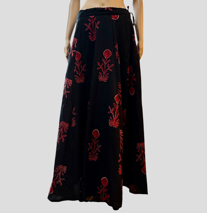 Black cotton block-print A line skirt