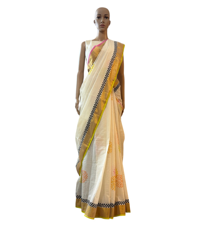 Kerala Kasavu Block Print Saree