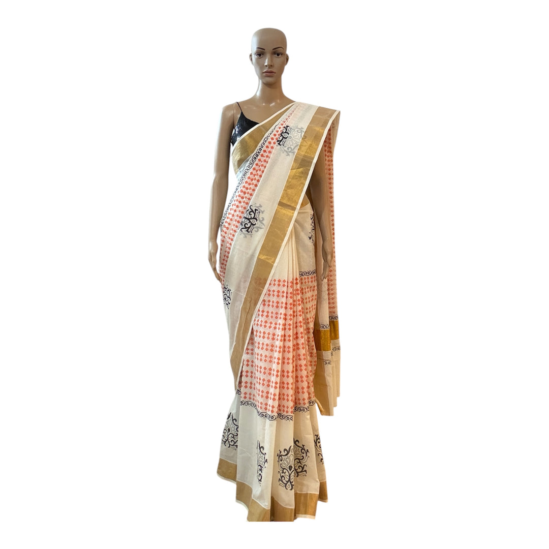 Kerala Kasavu Block Print Saree