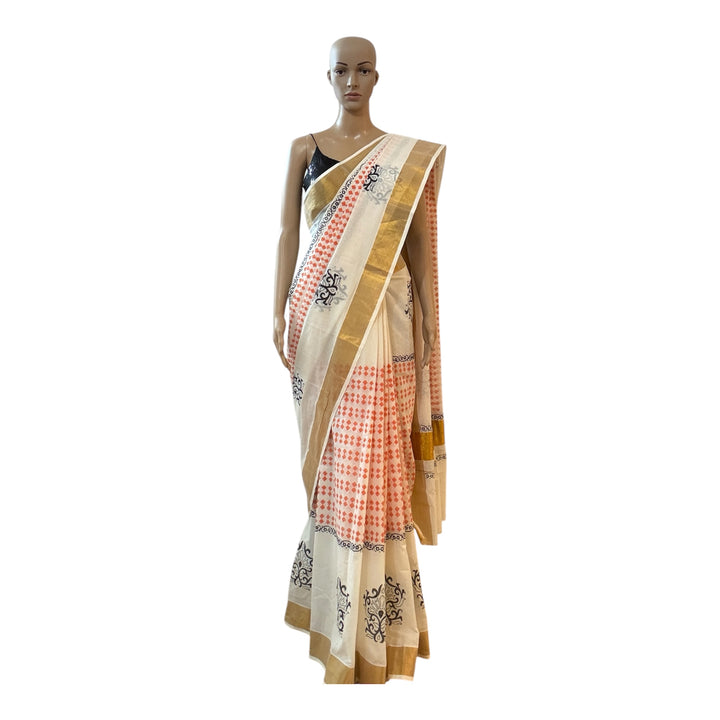Kerala Kasavu Block Print Saree