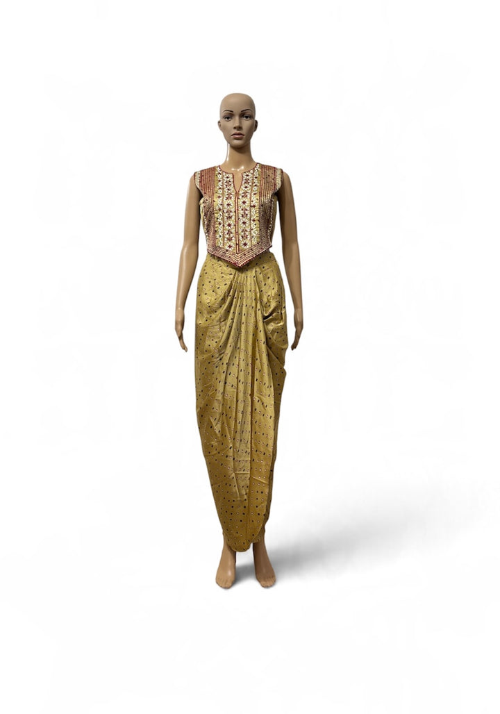 Bandhini print satin draped skirt set