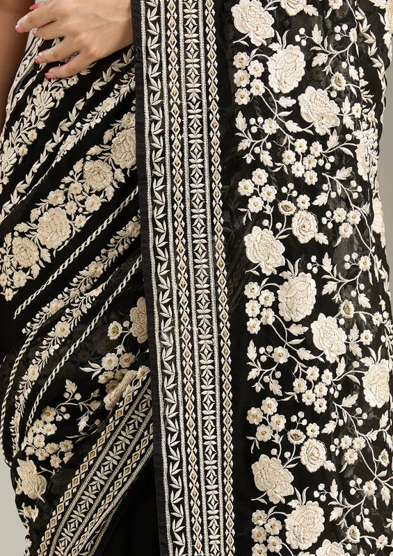 Black Parsi embroidered georgette saree and blouse set