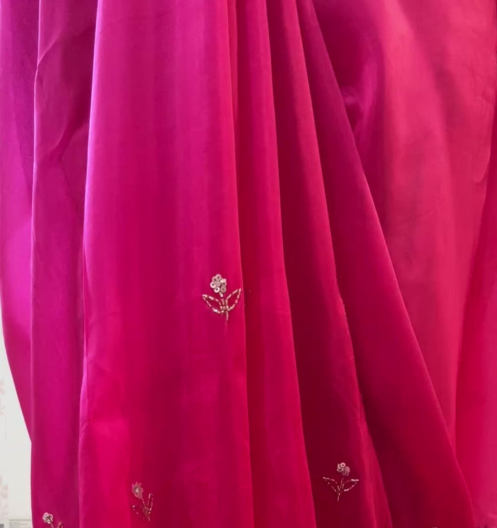 Ombre hot pink embroidered saree and blouse set