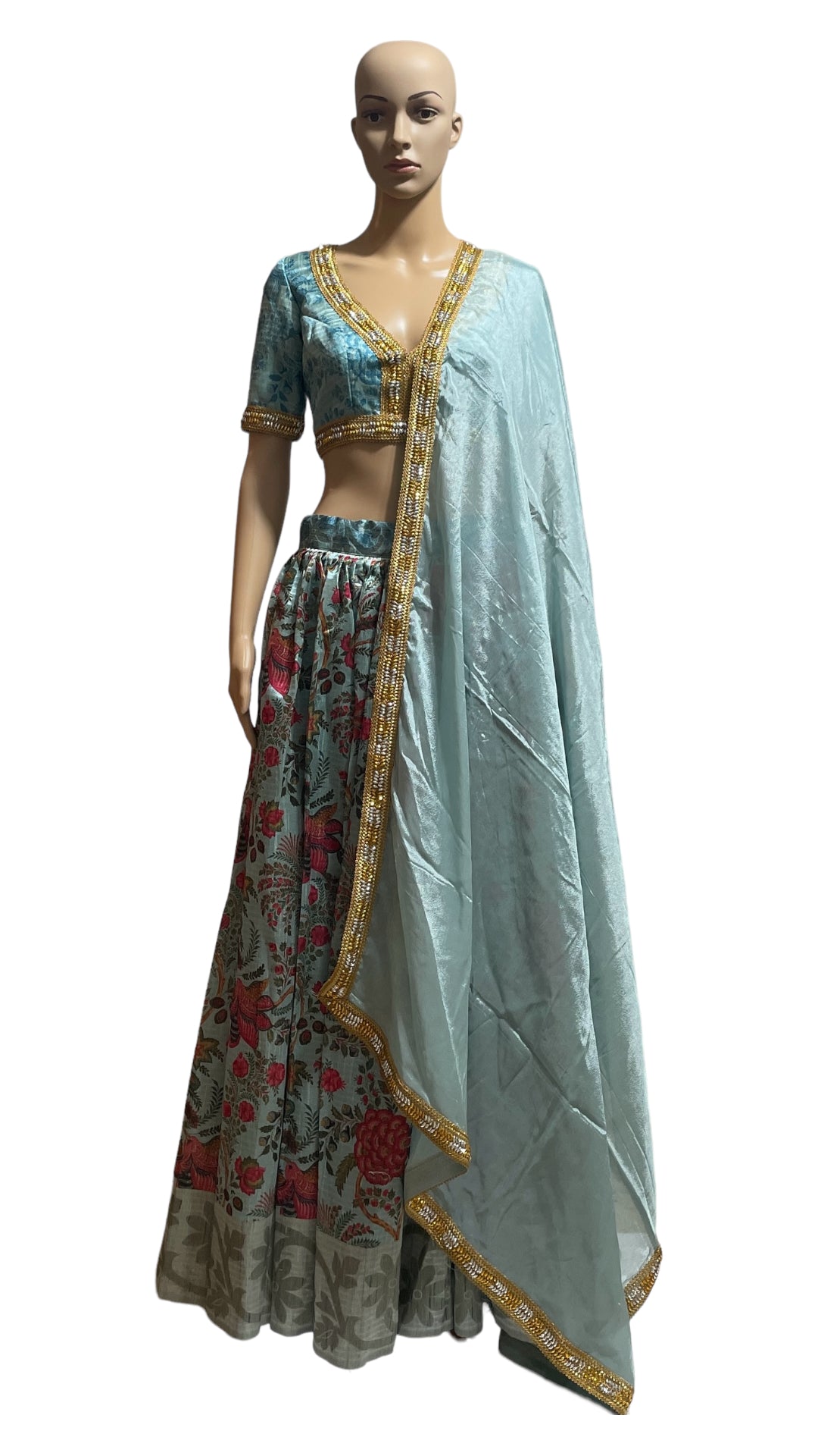 Blue floral Tussar Silk Lehenga