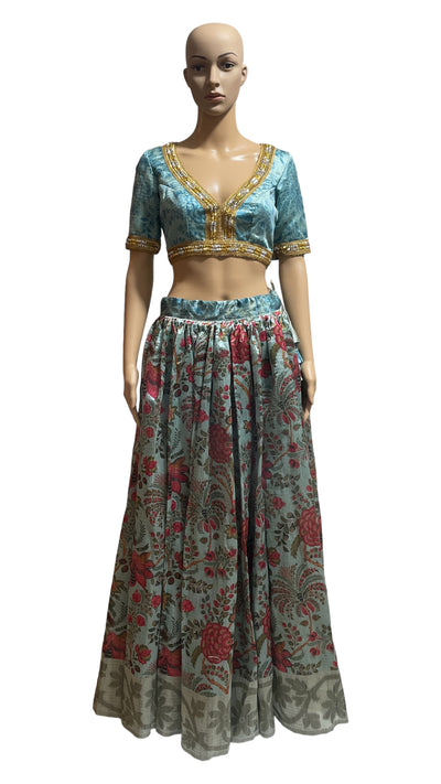 Blue floral Tussar Silk Lehenga