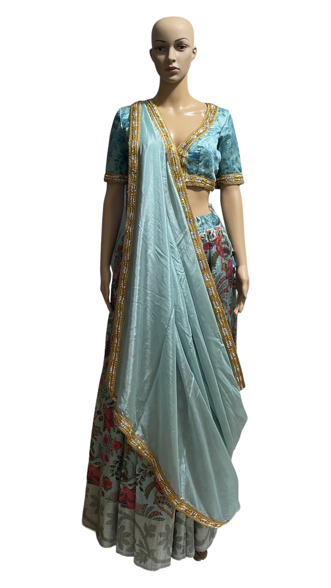 Blue floral Tussar Silk Lehenga