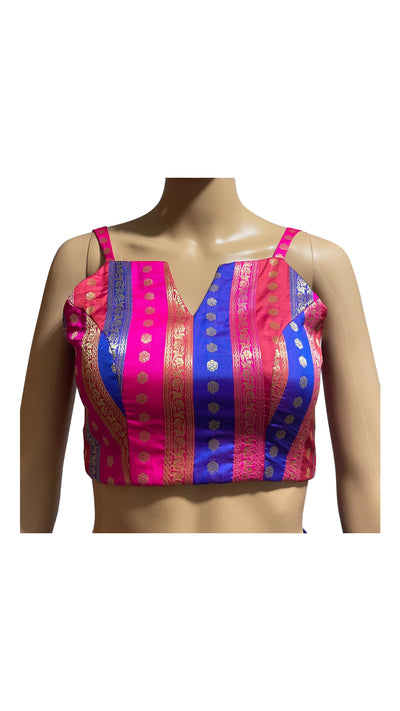 Blue Prepleated saree with Multicolor Banarasi blouse