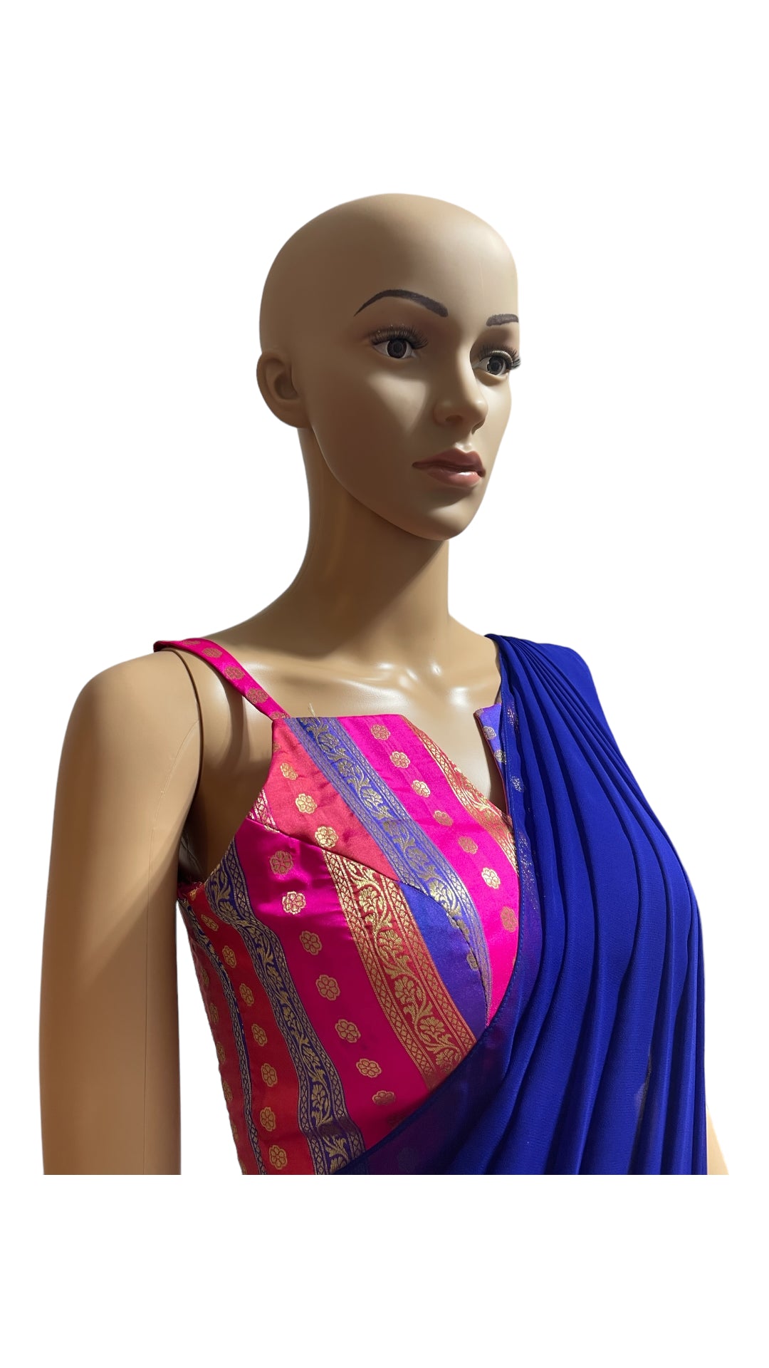 Blue Prepleated saree with Multicolor Banarasi blouse