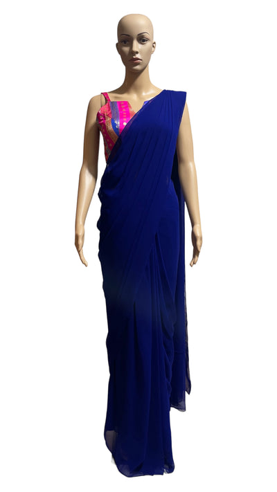 Blue Prepleated saree with Multicolor Banarasi blouse