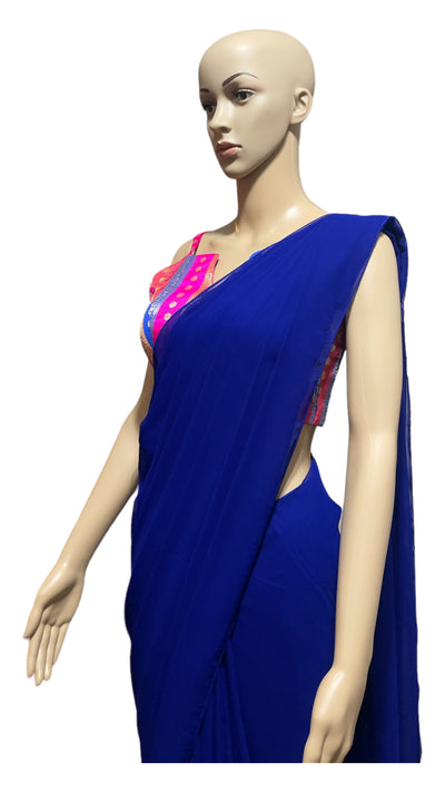 Blue Prepleated saree with Multicolor Banarasi blouse