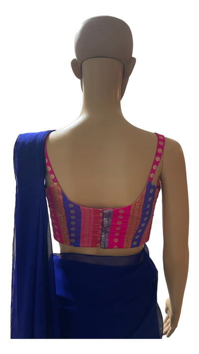 Blue Prepleated saree with Multicolor Banarasi blouse