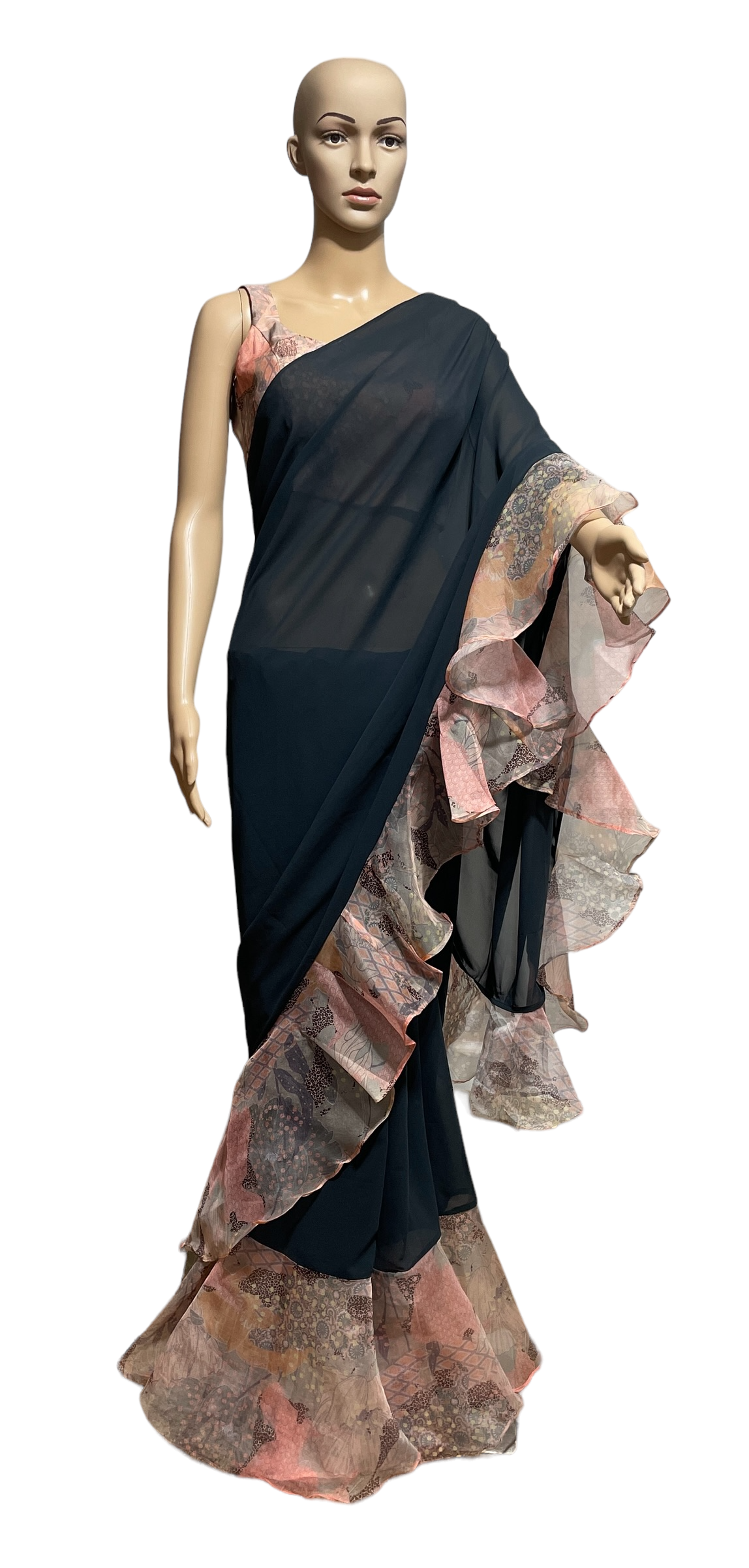 Charcoal Gray Georgette Ruffle Saree and Blouse Set