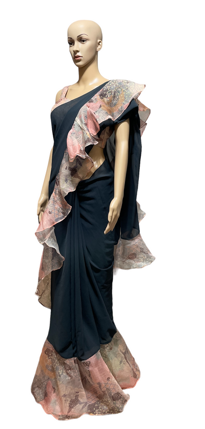 Charcoal Gray Georgette Ruffle Saree and Blouse Set