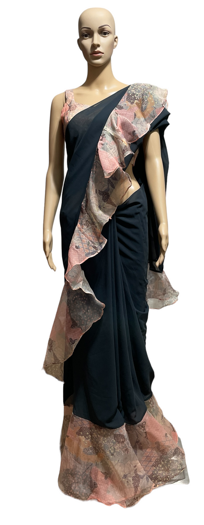 Charcoal Gray Georgette Ruffle Saree and Blouse Set