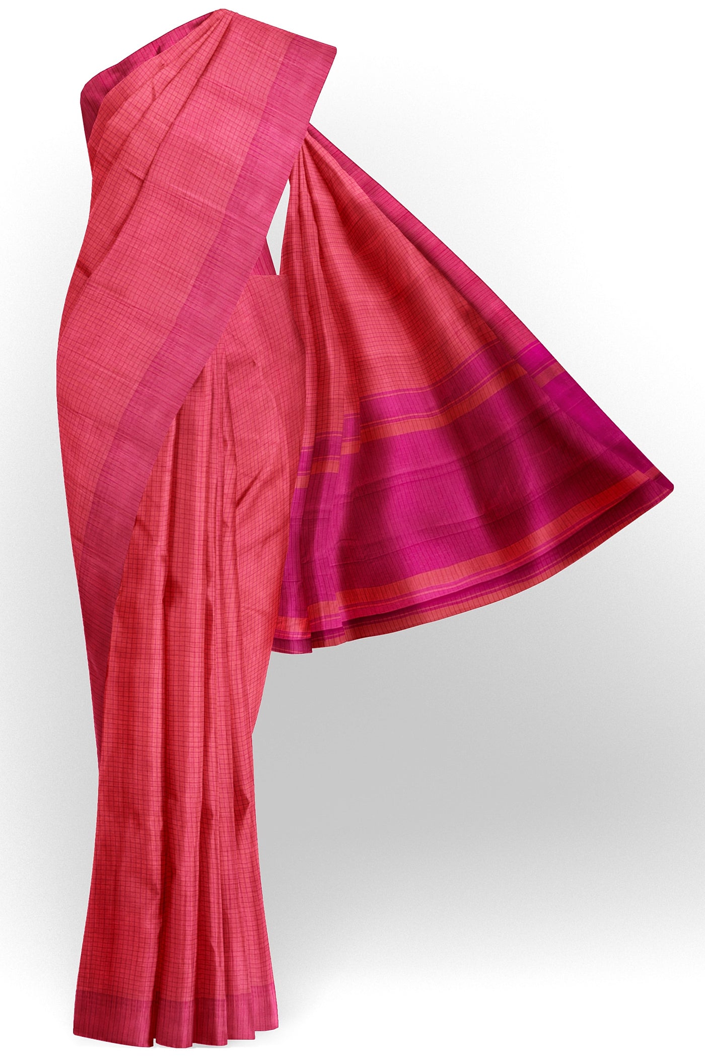 Dualtone pink orange small checks tussar silk saree