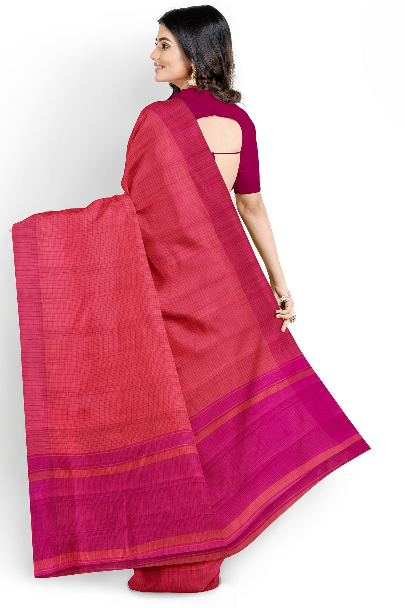 Dualtone pink orange small checks tussar silk saree