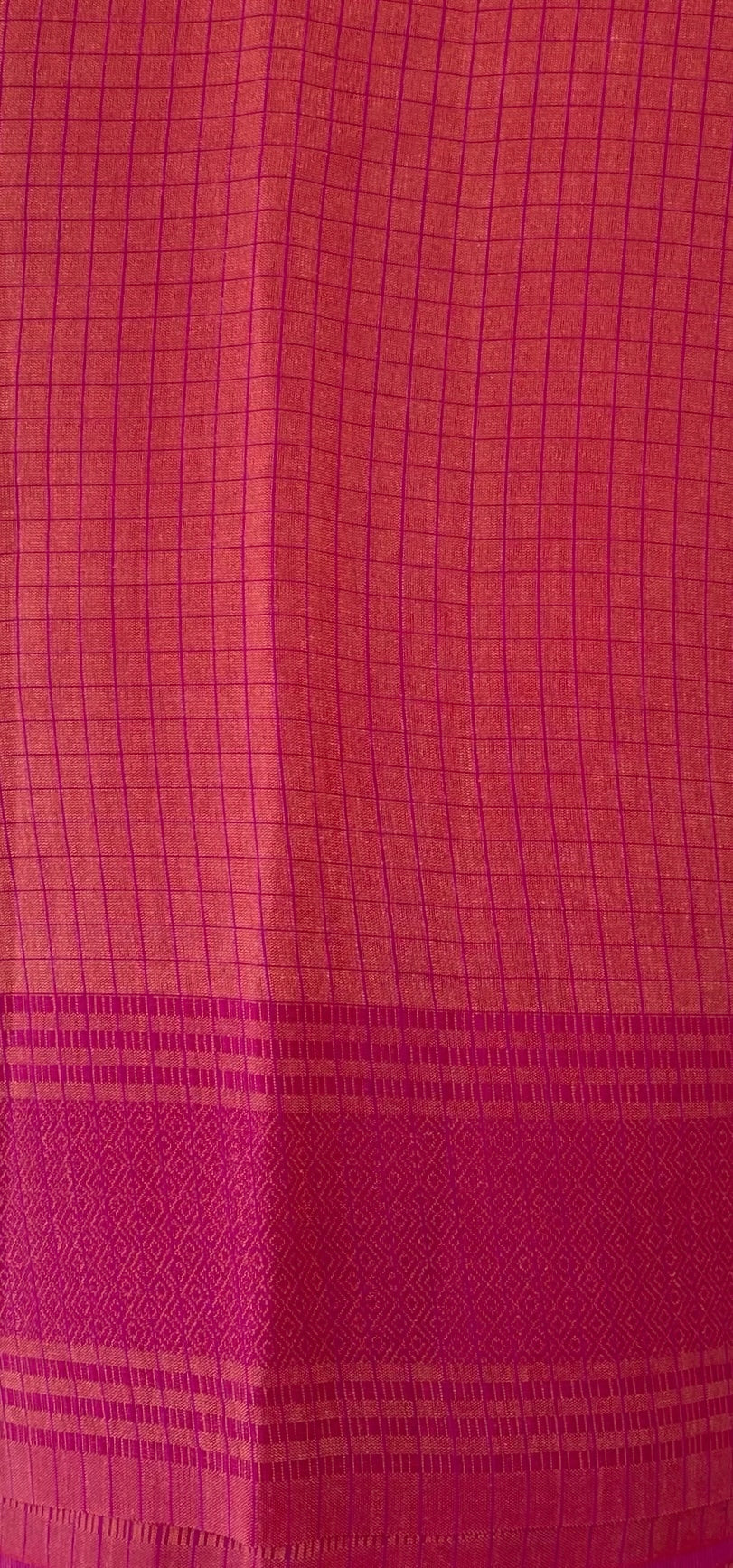 Dualtone pink orange small checks tussar silk saree