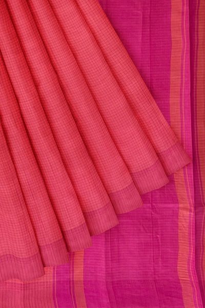 Dualtone pink orange small checks tussar silk saree