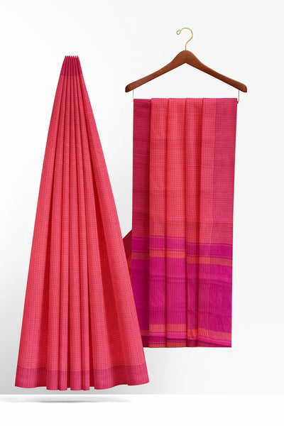 Dualtone pink orange small checks tussar silk saree