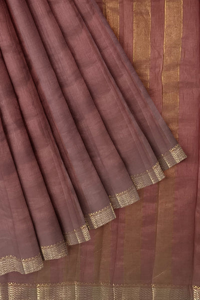 Dusty pink tussar silk saree with gold and dull gold zari