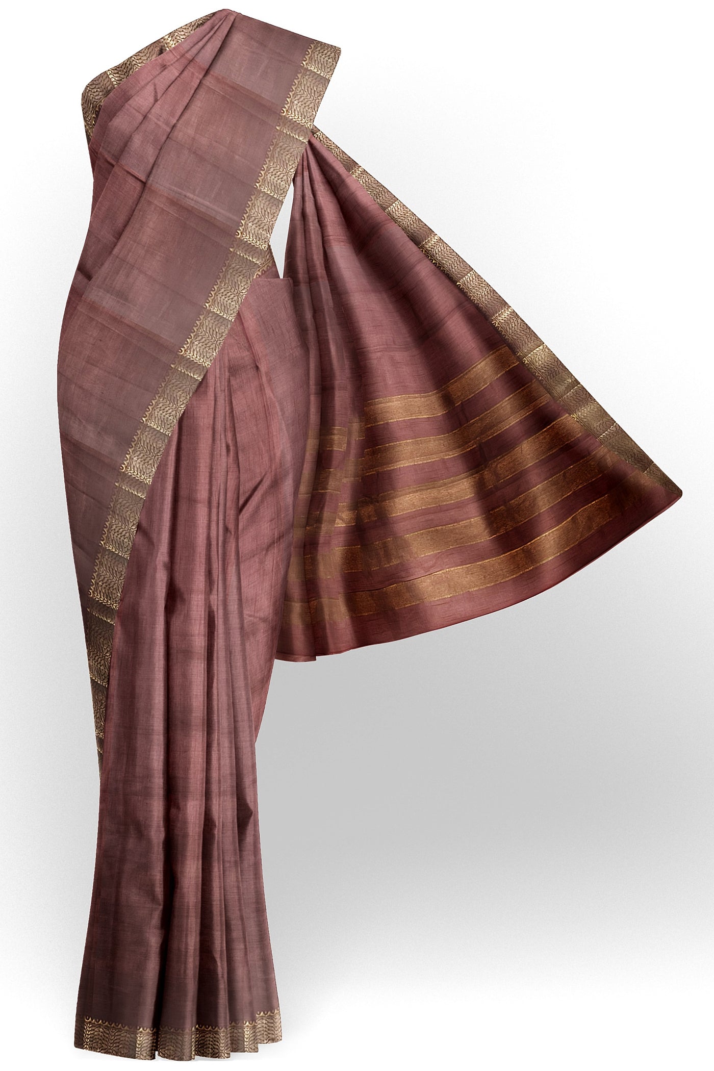 Dusty pink tussar silk saree with gold and dull gold zari