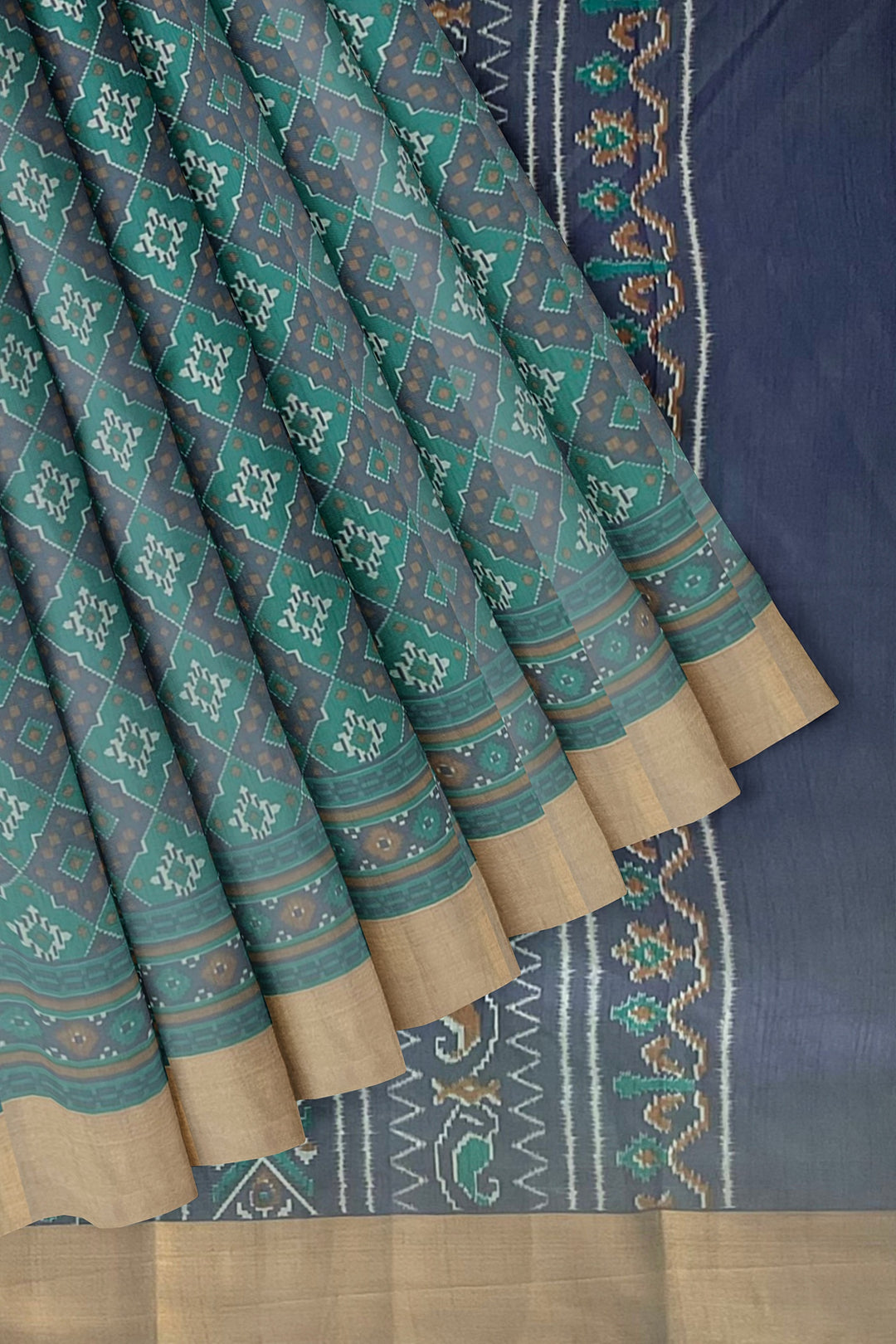 Green and violet Patola print silk saree with zari border