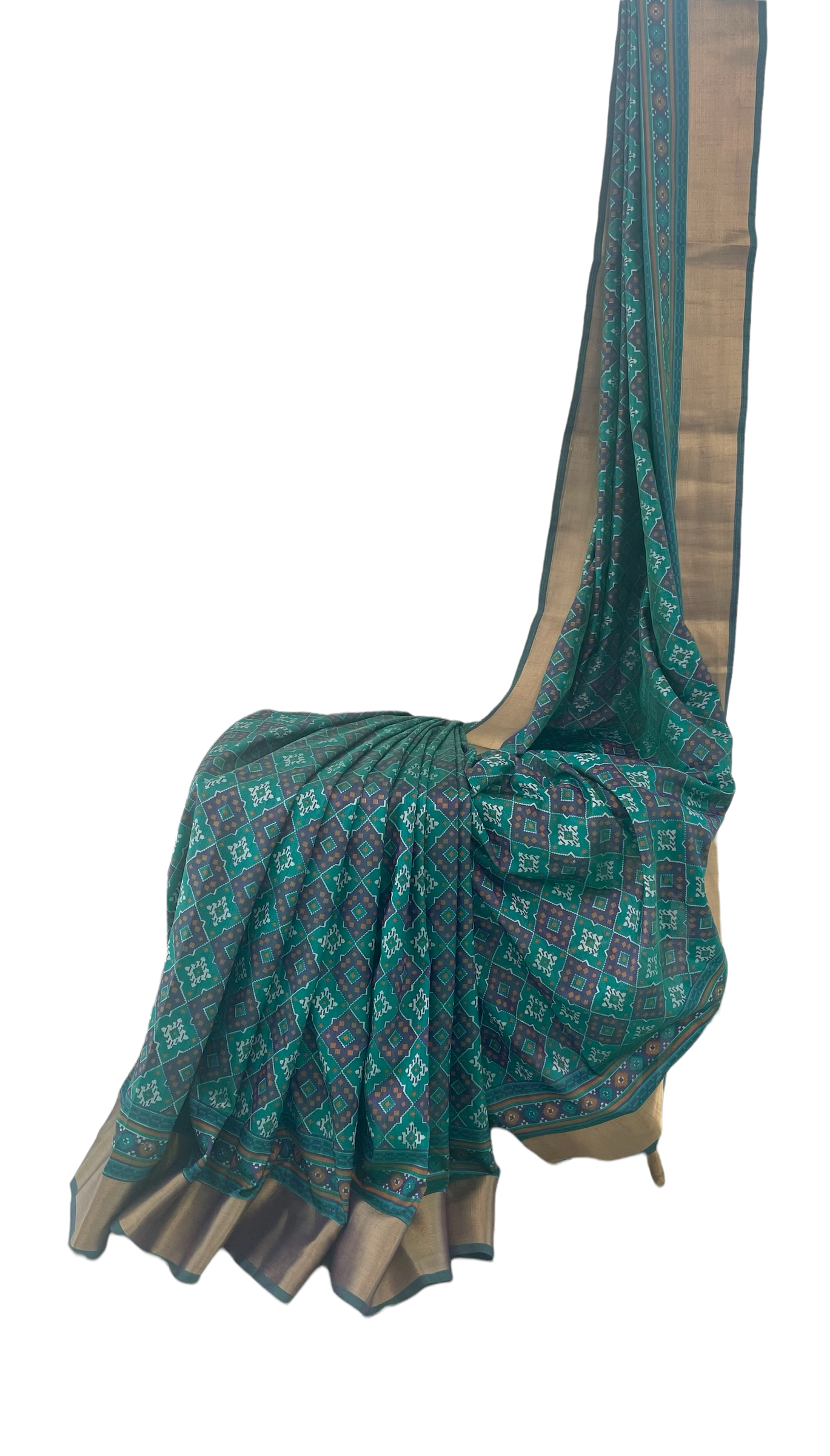 Green and violet Patola print silk saree with zari border