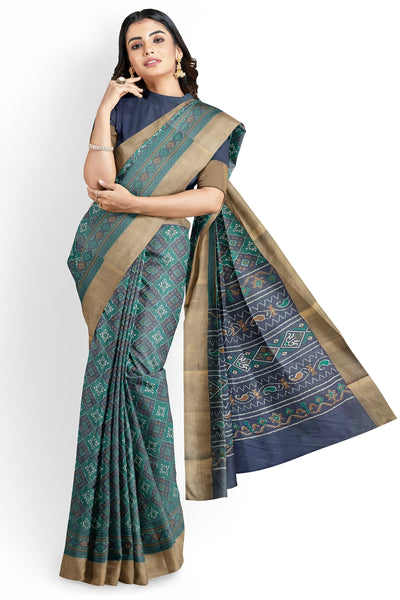 Green and violet Patola print silk saree with zari border